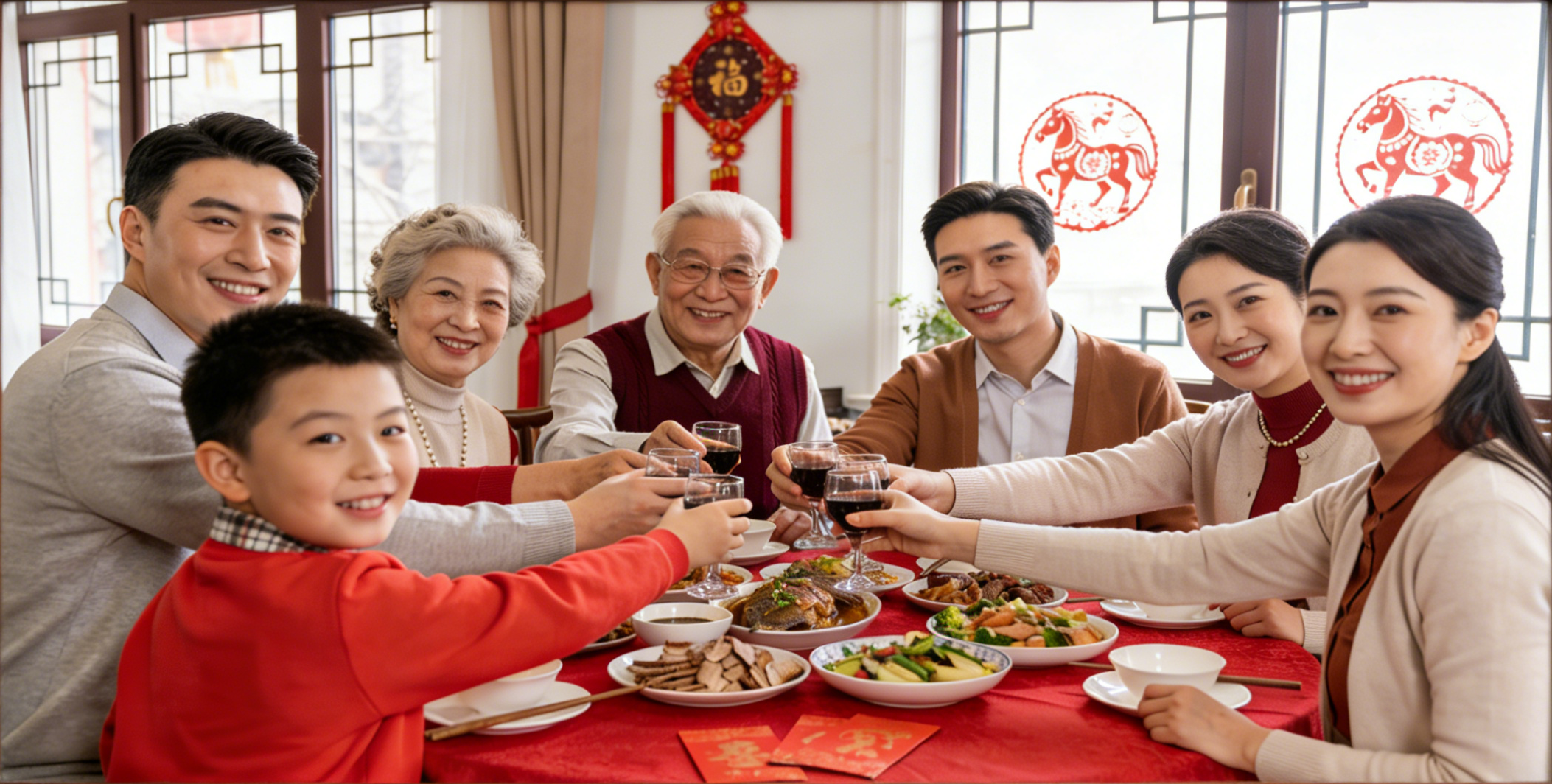 Family Wishes for Chinese New Year - Happy family gathering for New Year meal with horse zodiac decorations