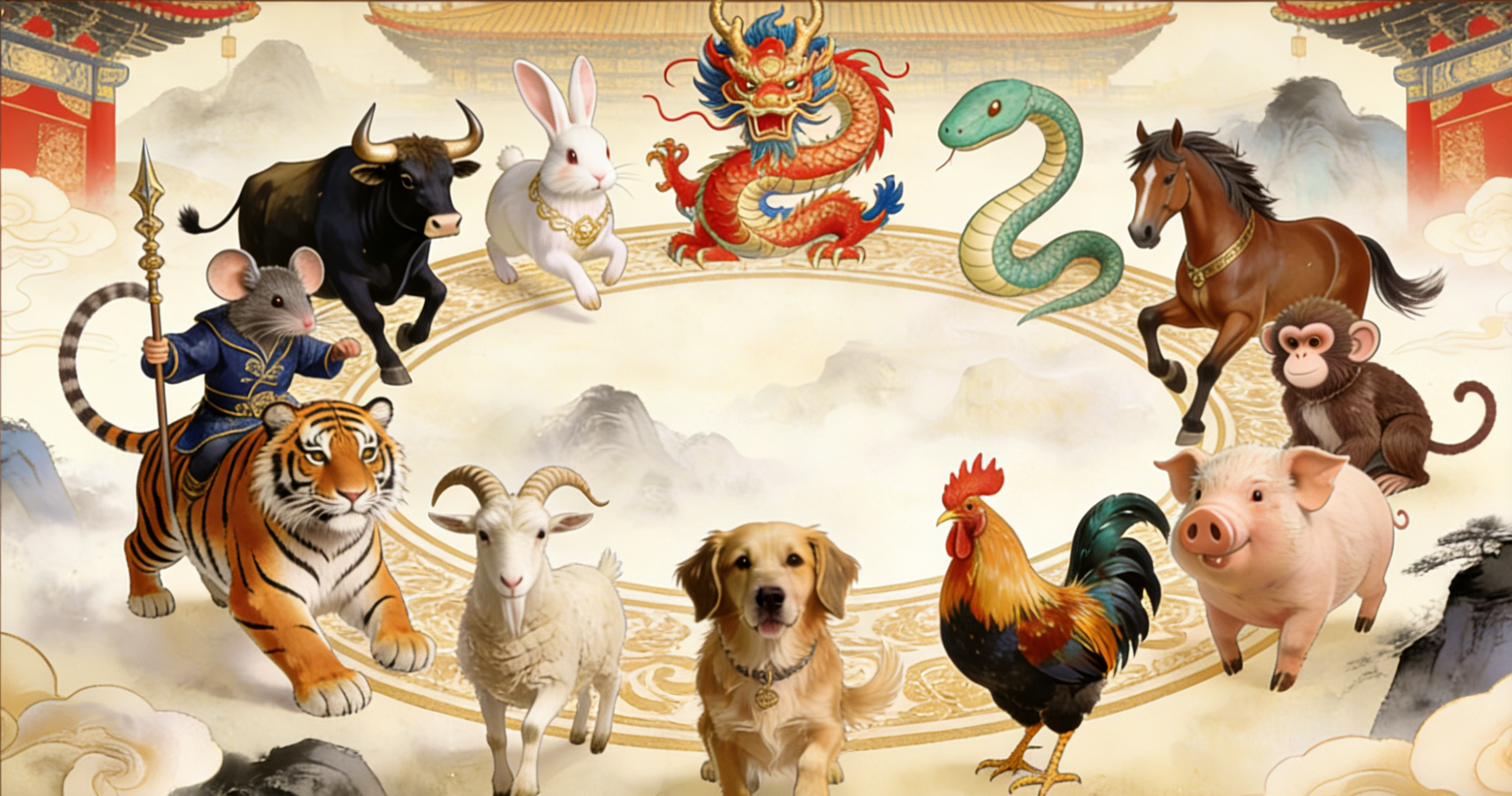 Chinese Zodiac Hero Image - 12 zodiac animals in traditional Chinese style