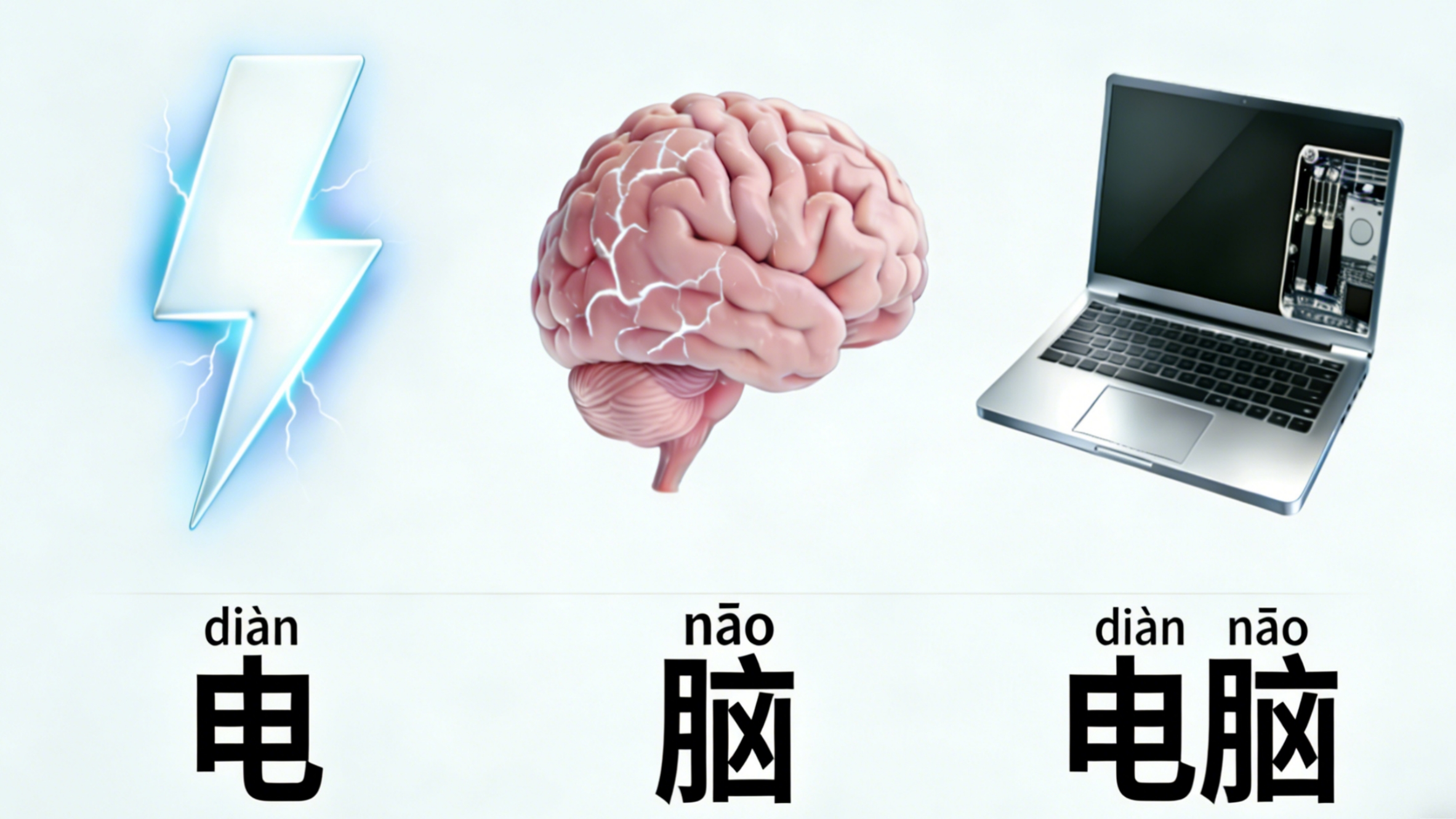 Compound words breakdown: 火车 (huǒchē = fire + car = train), 电脑 (diànnǎo = electricity + brain = computer), 手机 (shǒujī = hand + machine = cell phone). Visual connection between components