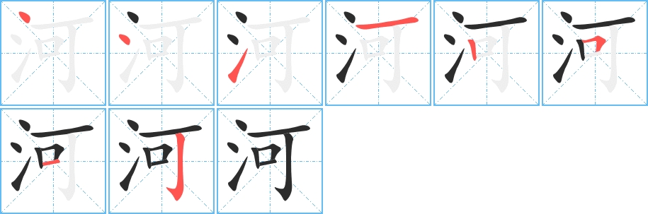 Character breakdown: 河 (hé, river) with 氵(water radical) highlighted, showing stroke order (horizontal, vertical, dot) step-by-step