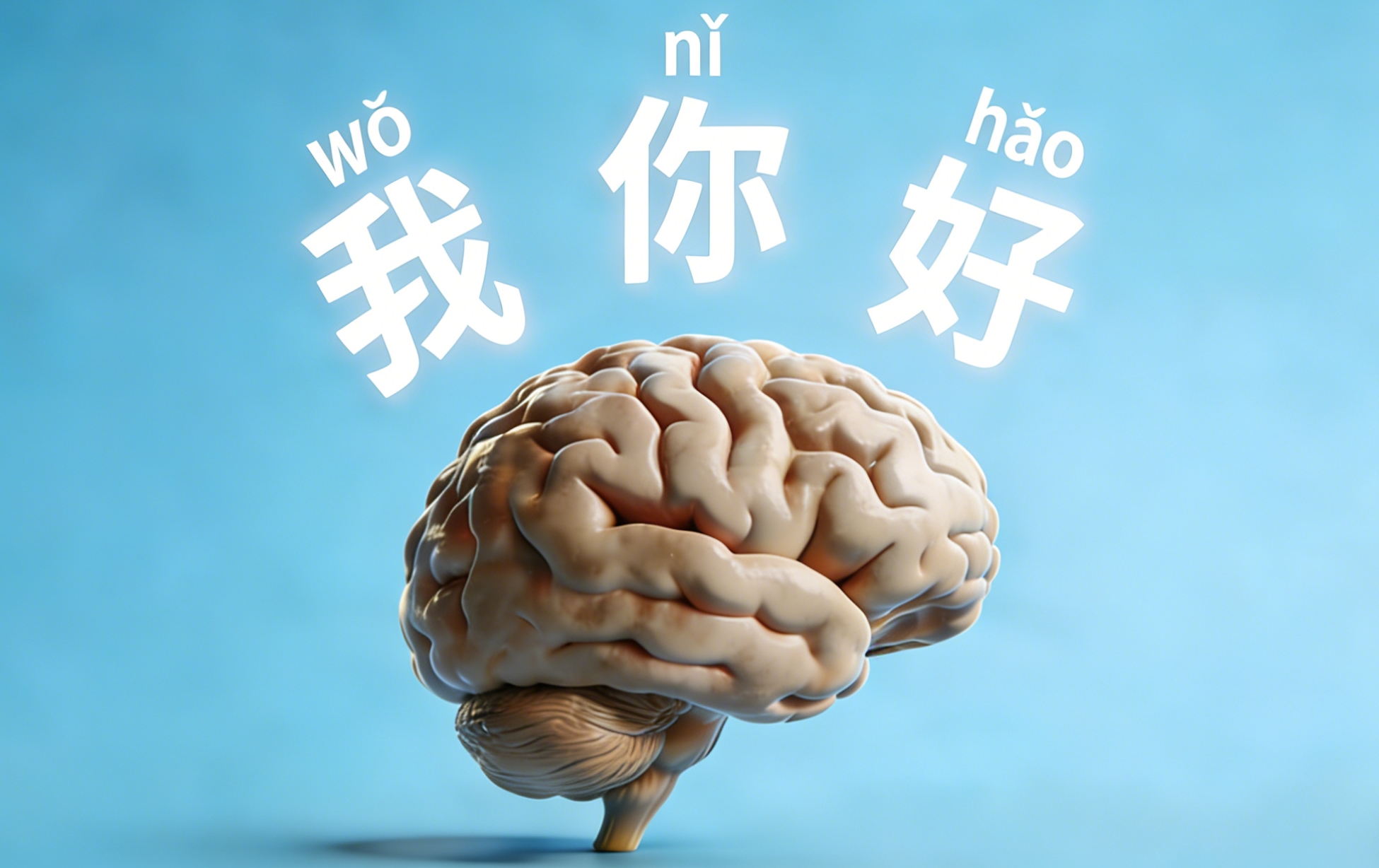 Brain with Chinese characters and Pinyin symbols floating around, colorful, educational illustration style, showing mental activity