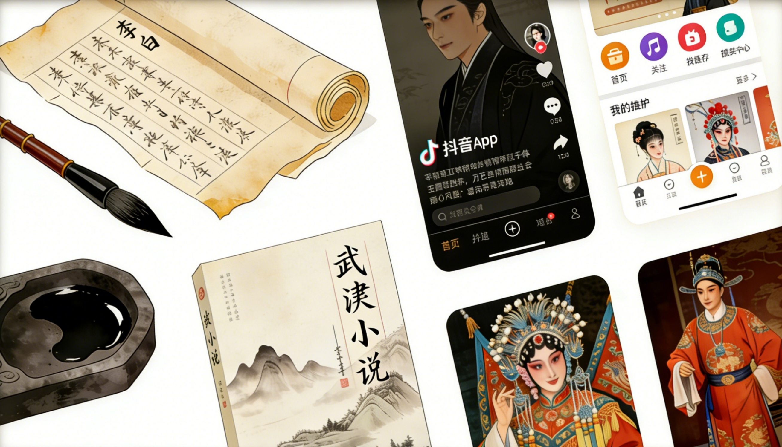 Collage of Chinese cultural elements: ancient poetry scrolls, calligraphy brush, Douyin app interface, wuxia novel cover, traditional painting, modern Chinese drama scene