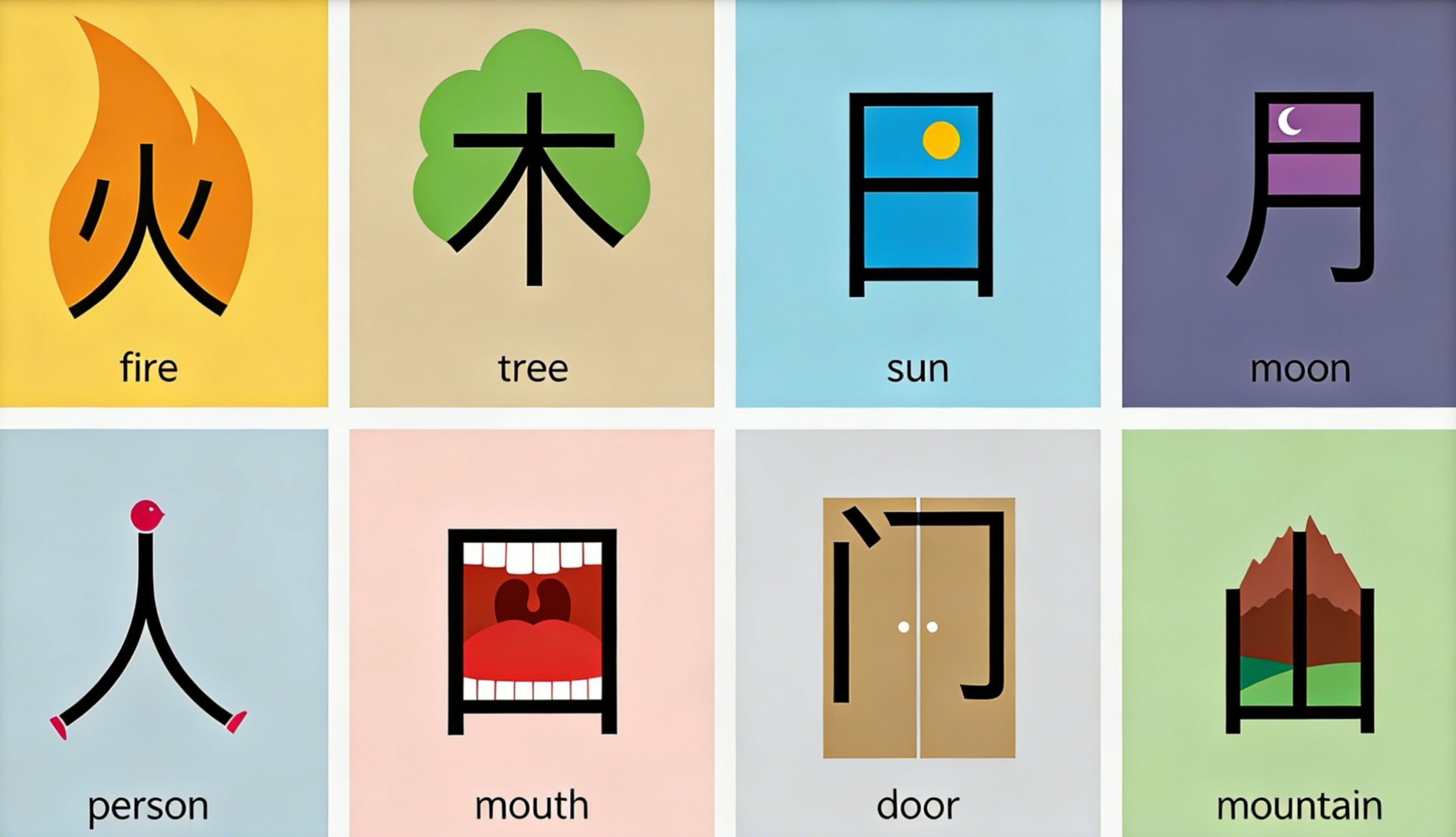 Common Chinese characters (我, 你, 是, 有, 好) with stroke order animation, Peppa Pig cartoon scene in Chinese, Pleco app interface
